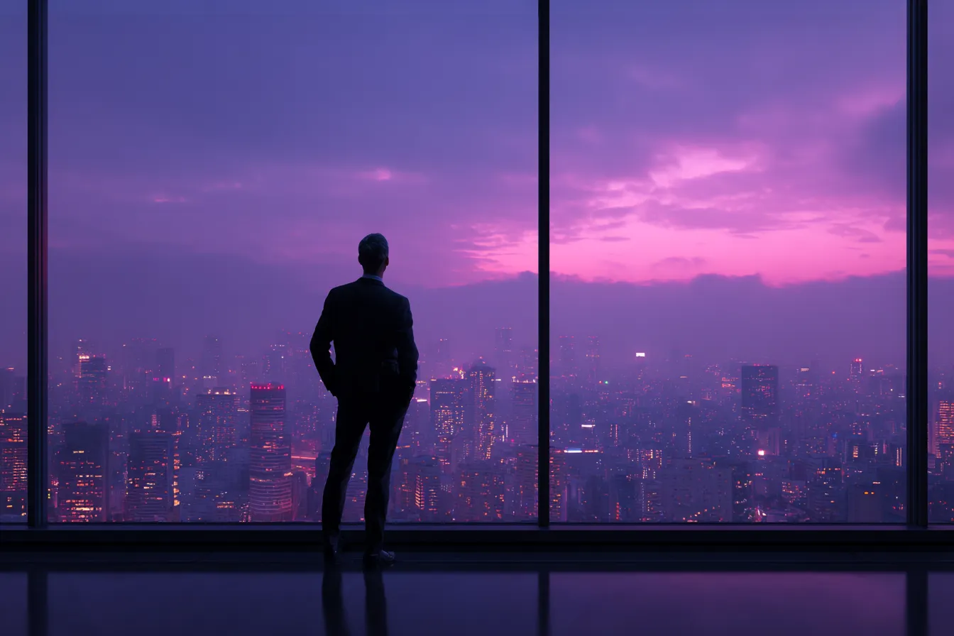 A manager looking at the city skyline at sunset